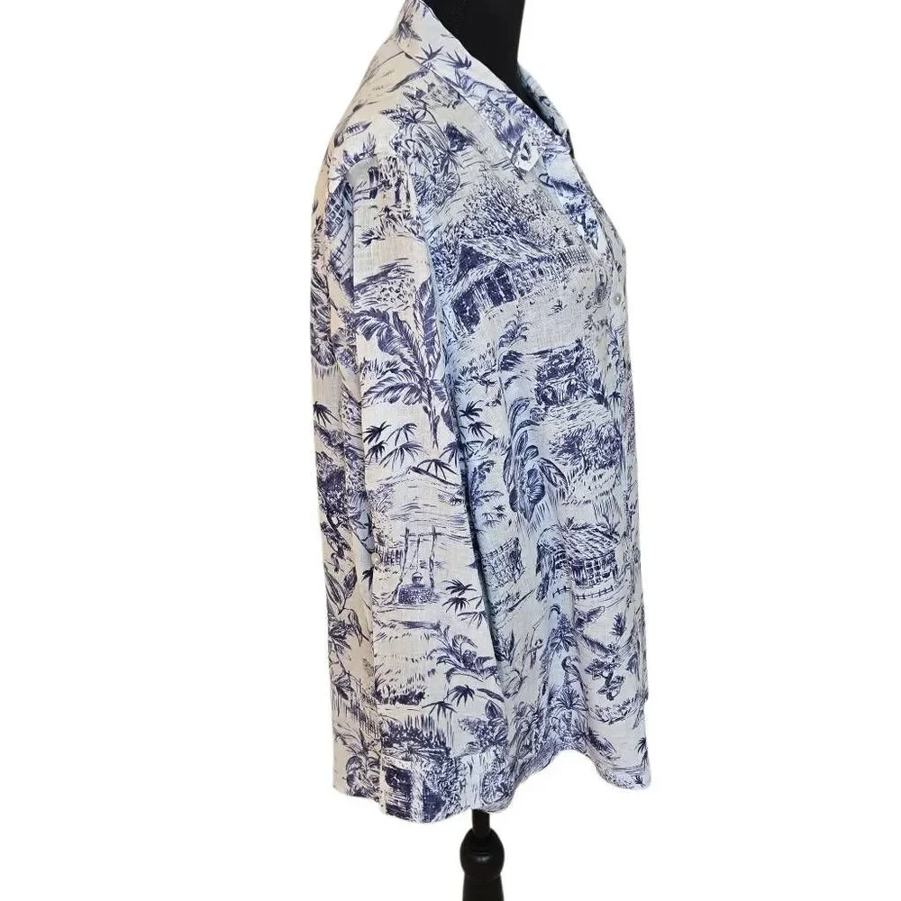 Joie Womens Tropical Print Linen Tunic Button Up Shirt Blue White Size 2X
